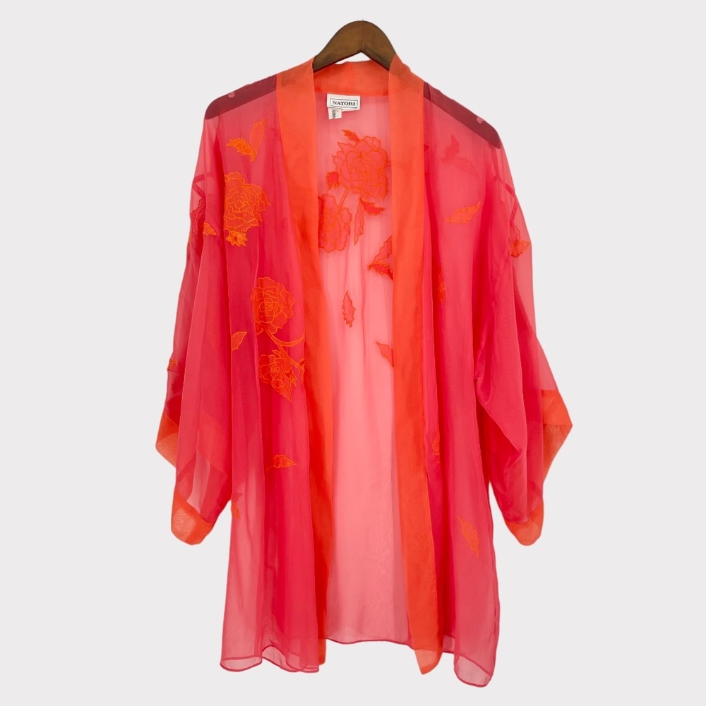 Vintage Natori Kimono Pink and Orange Sheer Robe‎